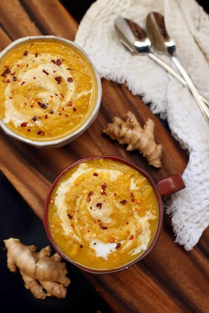 This Roasted Heirloom Carrot Ginger Soup made from roasted heirloom carrots and freshly minced ginger makes a flavorful and healthy vegetarian soup recipe.