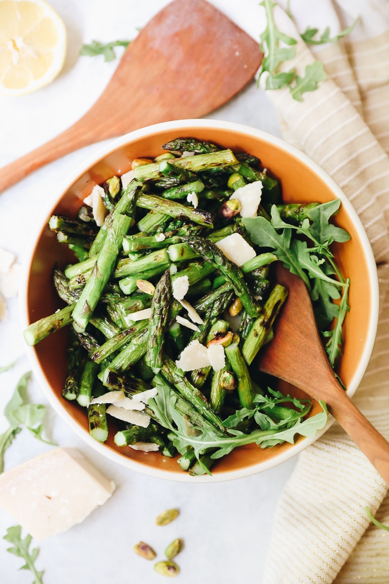 asparagus salad in a large brown bowl.