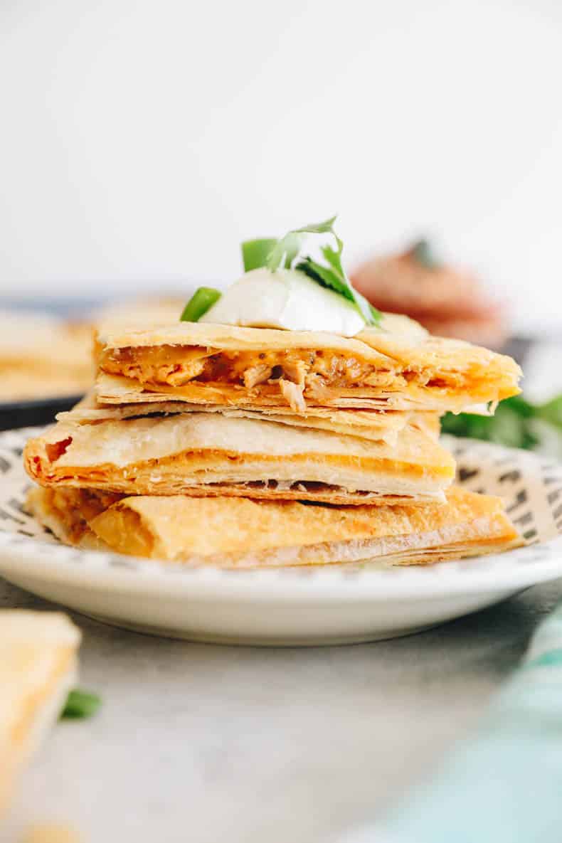 close up of sheet pan quesadillas.