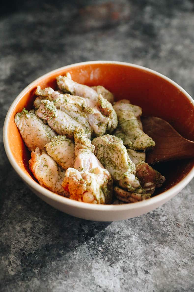 chicken wings coated in ground kaffir lime 